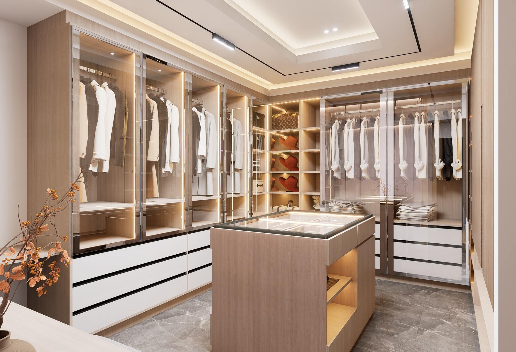 Closet com ilha central, gavetas e iluminação em LED