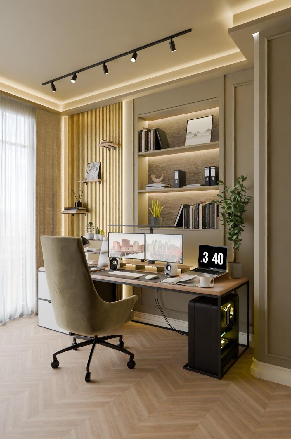 Home office com bancada, nichos e iluminação em LED