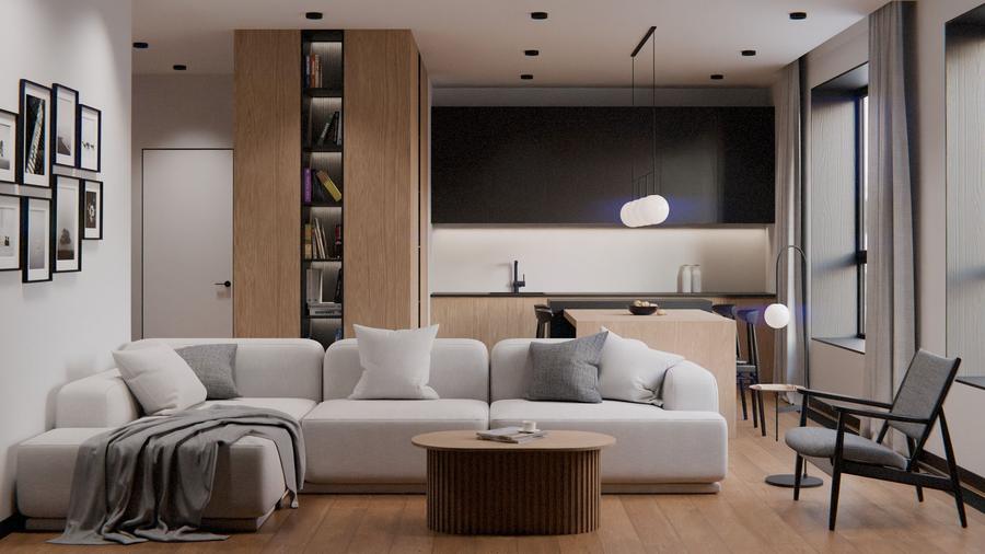 Sala com painel ripado de madeira e rack suspenso